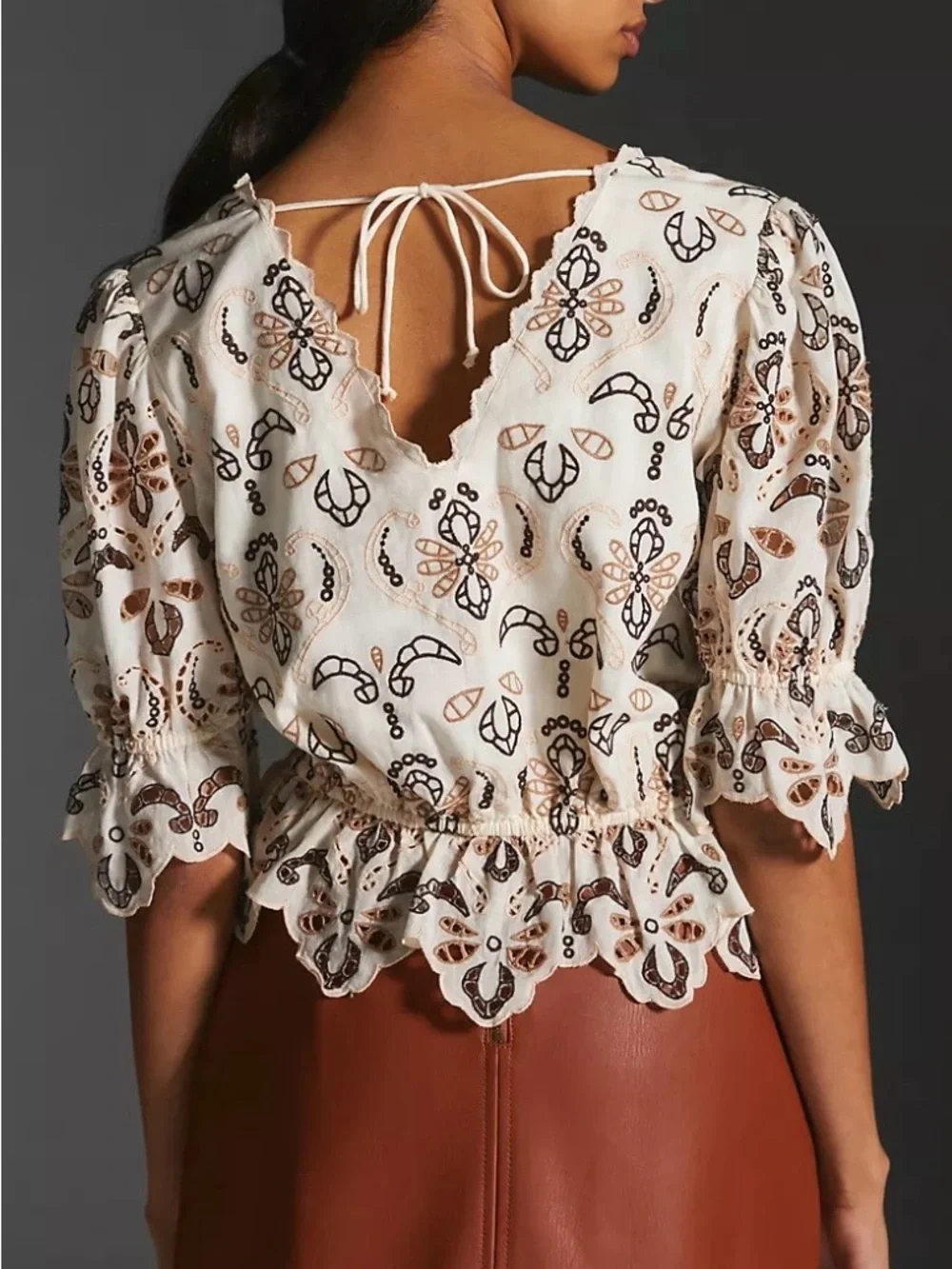 Anthropologie Cream Eyelet Embroidered Peasant Blouse with Brown Accents